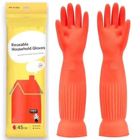 Qilerongrong di Guanti in Gomma per Lavare i Piatti in Cucina, Guanti di gomma lunghi, guanti da piatto, guanti di pulizia in gomma guanti da piatti riutilizzabili impermeabili (Rosso, 45cm M)