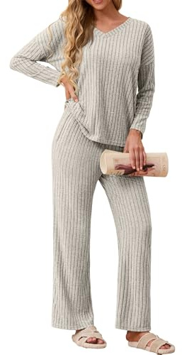 GRECERELLE Schlafanzug Damen Loungewear Pyjama Set Zweiteiler Elegant Gerippt Homewear Herbst Outfit Lose Langarm Oberteile Weitem Bein Hosen Sets