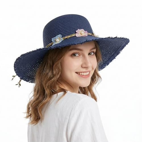 LY4U Chapeau de Paille pour Femmes, Chapeaux de Soleil pour Dames UPF 50, Chapeau de Plage d’été pour Fille, Chapeau de Voyage Pliable