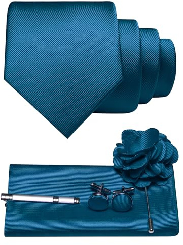 JEMYGINS Corbata de sarga para hombre con diseño monocolor, incluye gemelos cuadrados de bolsillo, pinza de corbata y broche de flores, set de regalo para fiestas, negocios, bodas, azul pavo real, M
