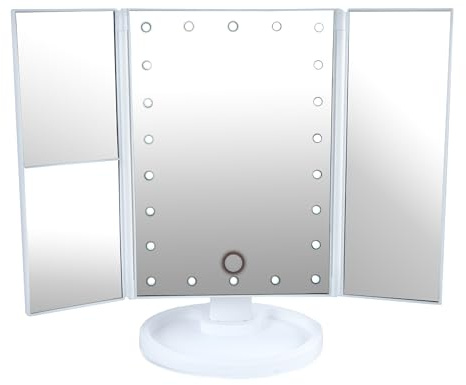 NSA Tri Folding Makeup Vanity Mirror with Lights - 22 LED Table Mirror with 2X/3X Magnification, 180° Rotation, and Dual Power Supply - Travel Makeup Mirror with Adjustable Dimming Touch Sensor