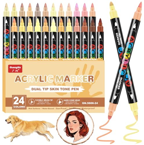 Gelanty Skin Tone Acrylic Paint Pens, 24 Colours Dual Tip Skin Colour Paint Markers, Acrylic Pens for Coloring, Portrait Design, Comic, Anime, Illustr
