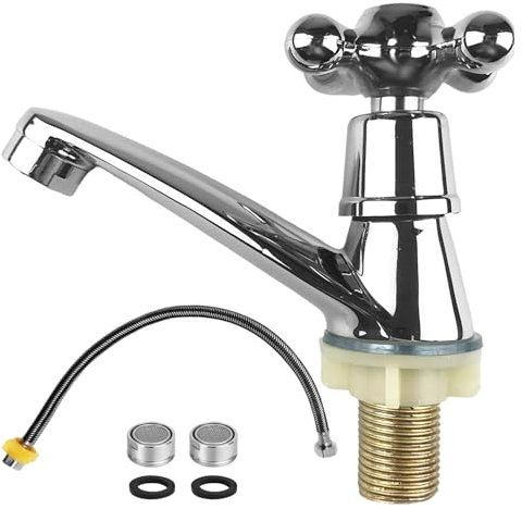 Waschtischarmatur mit Dichtung, Sieb und Schlauch, Robust und Langlebig, Einfach zu Bedienen, Wasserhahn Kaltwasser, Design mit Pflaumengriff, Geeignet für Küchenspülen, Badspülen, etc (silbrig)