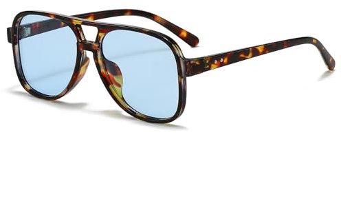 Long Keeper Retro Pilot Sonnenbrille Pilotenbrille Herren Damen Quadratisch Sonnenbrille Groß 70er Klassisch Eckige Pilot Retro Brille mit UV400 Schutz (Leopard Rahmen – Blau Gläser)