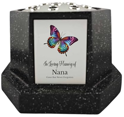 In Loving Memory Of Memorial Octagon Rose Bowl Grave Marker Flower Pot Vase With Butterfly Design Mum & Lots More Black/Silver (UV PRINTED) (Nana)