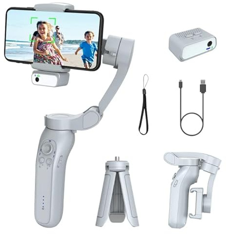 Estabilizador de cardán de 3 ejes, módulo de seguimiento de IA con luz de relleno de 3 temperaturas de color, control por gestos, trípode integrado, para iPhone y Android (gris)