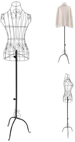Manichino da sartoria, in metallo, vintage, regolabile in altezza, 140-160 cm, filo di ferro, manichino femminile per appendiabiti, nero