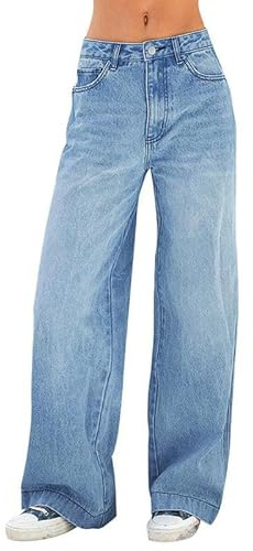 EMMIOL Women's 2026 Wide Leg Jeans Distress Mid Waist Denim Pants Vintage Y2K Trousers(Light Blue,M)