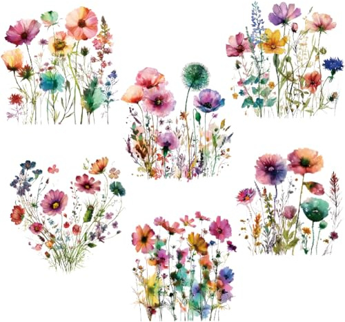 SUPERDANT 6PCS Watercolor Flowers Iron on Transfers Colorful Heat Transfer Stickers DIY Iron-on Decals Washable DTF Transfers Ready to Press for Girl Clothing T-Shirt Bags Jacket Decor