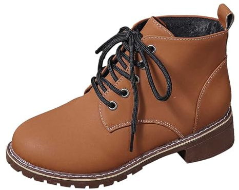 Botas de invierno para mujer, botines de moda de piel con cordones y tacón grueso, cómodos botines casuales de invierno para mujer, marrón, 40 EU