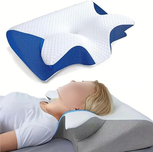 FAFAKO Pillow The Neck - Cuscino Terapeutico Ergonomico In Memory Foam Di Supporto For Il Collo For Chi Dorme Su Un Fianco, Sulla Schiena E A Pancia In Giù(Blue)