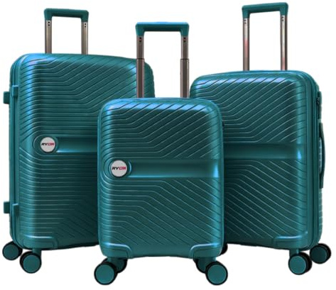 RYDR 3 Piece Suitcase Set PP Hard Shell Luggage Set with Wheels — 20” Cabin Carry On, 24” Medium & 28” Large Suitcases, Lightweight Hand Luggage Suitcase with Lock & Spinner Wheels (Lake Blue)