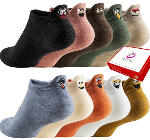IBEILLI Women Cute Socks 10 Pairs Cotton Kawaii Embroidered Funny Low Cut Ankle Socks for Women Girls (Sesame 10 Pack Street with Gift Box)