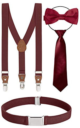 BomGuard 4er Set, Kinder-Hosenträger + Fliege + Krawatte + Gürtel,bordeaux-Rot