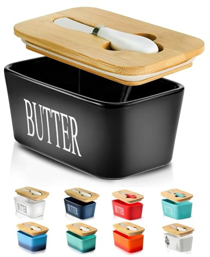 Hasense Butter Dish with Lid, Ceramic Butter Dish with Knife for Countertop, Airtight Covered Butter Keeper Container, Large Black Butter Holder for Refrigerator,Black