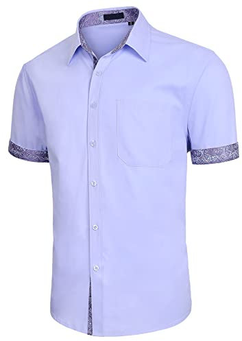 Enlision Mens Casual Shirts Short Sleeve Purple Formal Dress Shirt with Pockets XL