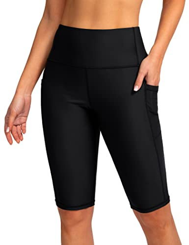 SANTINY Women's 8''/12'' High Waisted Swim Shorts with Pockets UPF50+ Long Board Swimming Shorts for Women with Liner (Black_XL)