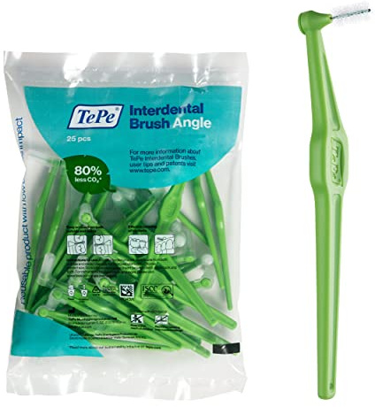 TePe Interdental Brush Angle, Angled Dental Brush for Teeth Cleaning, Pack of 25, 0.8 mm, Large Gaps, Green, Size 5
