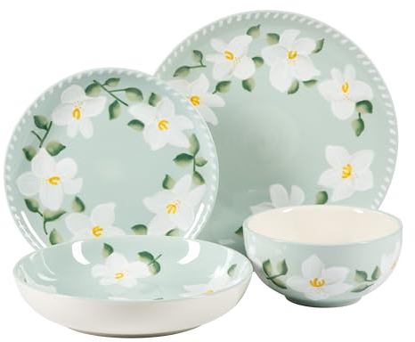 Bloomhouse Magnolia Bloom 16 Piece Double Bowl Hand Painted Stoneware Plates and Bowls Floral Dinnerware Set