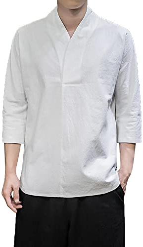 PODOLIXIA Chemise décontractée à col montant pour homme - Manches trois quarts - Kimono japonais - Imprimé - Robe taoïste - Coupe ample - Robe de chambre ample - Vêtement de méditation décontracté,