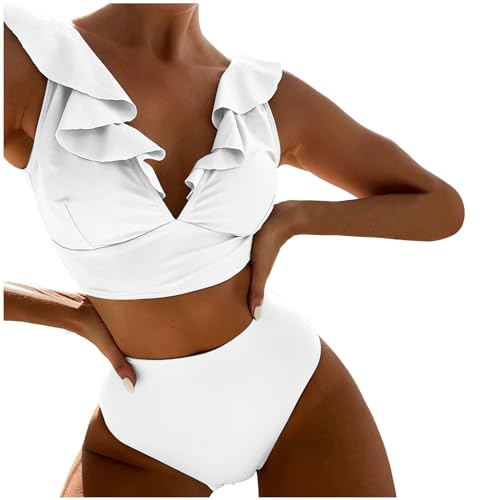 Neuer mehrfarbiger, gerüschter, geteilter Badeanzug mit V-Ausschnitt hoher Taille, geteilter Bikini für Damen Fliegeruhr (White, XL)
