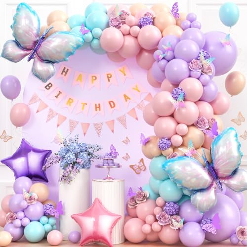 G.C Schmetterlinge Pastell Luftballon Girlande, Schmetterlinge Deko Geburtstag mit Schmetterlinge Folienballons, Ballon Girlande Party Deko Geburtstagsdeko Mädchen Frauen (Pastell)