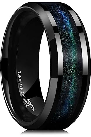King Will Tungsten Carbide Wedding Band for Men - 8mm Black High Polished Inlay Blue Green Red Sand Sea Desert Star for Everyday Wear Comfort Fit