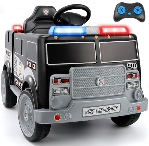 ELEMARA 12V Ride on Police Car, Electric Ride on Cop Cars for Kids,Battery Powered Ride on Truck, Ride On Toy w/Parent Remote Control,Siren-Call,walkie-talkies, Flashing Lights,Bluetooth,Music,Black