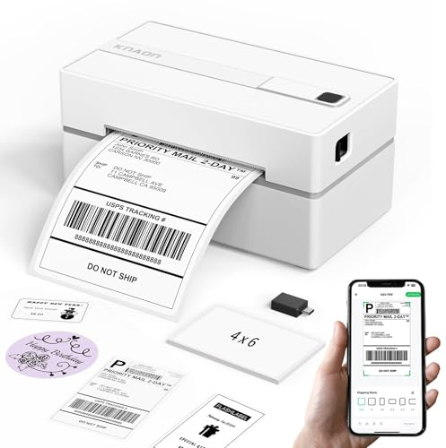 KNAON Bluetooth Thermal Shipping Label Printer, 4x6 Portable Thermal Address Label Printer for Small Business, Compatible with iPhone,Android,Windows,Mac–Works with Etsy Shopify USPS&More, White
