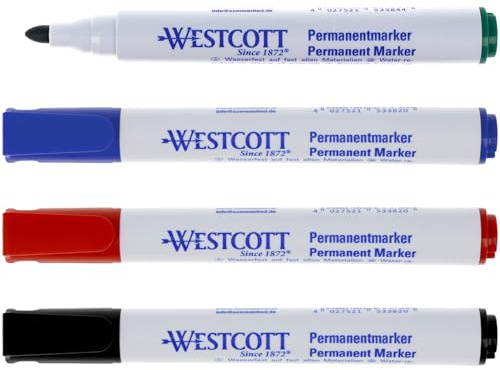 Westcott Permanent Marker 4 pieces Black, Red, Blue, Green | Set of waterproof marker pens | 1.5-3.0 mm bullet tip | lightfast, quick-drying, smudge-proof | E-713009 00