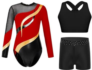 FEESHOW Kinder Glitzer Turnanzug Mädchen Gymnastikanzug Langarm Mit Kurze Hose Crop Tank Top 3er Set Gymnastik Trikot Tanzkleidung Rot 122-128