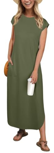 PrinStory Women's Maxi Dress With Pockets Cap Sleeves Summer Dresses For Ladies Casual Lightweight Sundress Beach Party Office Wear (Army Green,L)