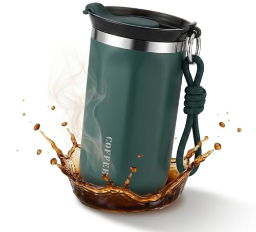 DRUCK SOLUTIONS Stylischer Thermobecher Trinkbecker 320 ml, Isoliert aus Edelstahl, mit Trageriemen und Deckel, Auslaufsicher, 4 Farben Ideal für Heiß- und auch Kaltgetränke Coffee to go (grün)