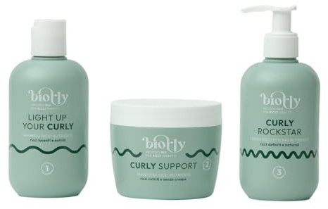 METODO CURLY BIO KIT NUTRIENTE ANTI CRESPO ; per capelli ricci e mossi, include shampoo Light up your curly, maschera Curly support, styling cream Curly Rockstart, CERTICATA BIO - 250 ml.