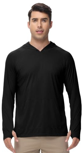 Maglietta sportiva da uomo, UPF 50+, protezione solare UV, a maniche lunghe, con cappuccio, con foro per il pollice, rashguard traspirante, surf, pesca, escursionismo, Nero , XXL