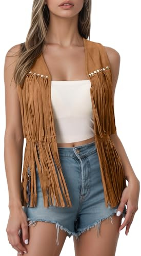 Maeau - Gilet Femme Sans Manches Faux Daim avec Franges Décontracté Veste Sans Boutons Style Cow-boy S-XXL