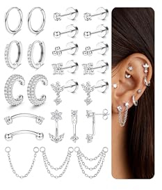 Chriscoco 21 st örhängen dam piercing öra 316L rostfritt stål allergivänliga små örhängen 14K guldpläterade örhängen silver CZ kedja piercing helix tragus brosk conch