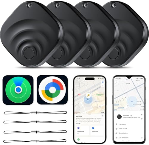 Traceur Tag Lot de 4，Localisateur d'objets Bluetooth Compatible avec Les systèmes Android et Apple, Indice d'étanchéité IP67, Batterie remplaçable, pour Portefeuilles/Valises/Clés/Bagages