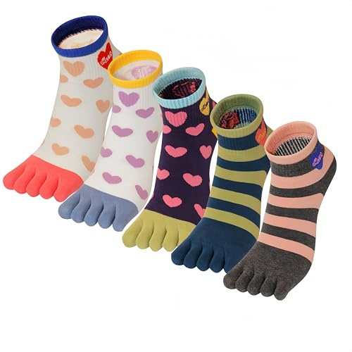 DOLAFO Women's Yoga Socks Five Finger Short Length Ankle Socks Funny Pattern Toe Sports Socks Colourful for Running, 5 Pairs