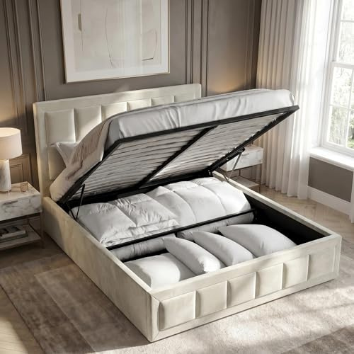 Blisswood Ottoman Double Bed with Memory Foam Mattress, 4ft6 Upholstered Ottoman Storage Bed with Gas Lift End Opening, Wooden Slats and Headboard, Under Bed Storage, Space Saving Bed Frame, Beige