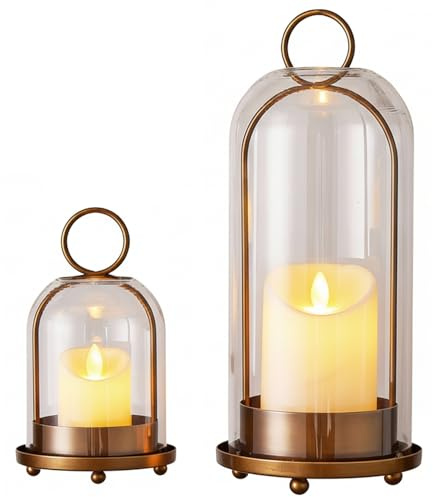 Joygoodta Bougeoirs en Verre ouragan 2 pièces, bougeoir en métal doré pour décoration de Ferme Rustique, bougeoirs en Verre Transparent pour Table ou tenture Murale