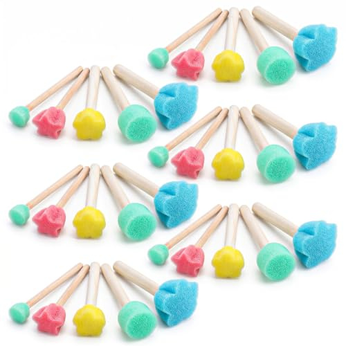 30 Pcs Sponge Brushes for Painting - Round Flower Foam Brush Paint Sponges | Stippler Paintings Sponge Paint Brushes for Acrylic with Wooden Handle for Crafts DIY Painting Tools