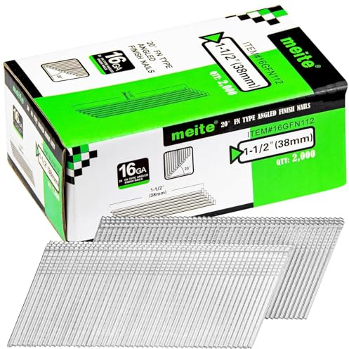meite 16 Gauge Angled Finish Nails, 38mm Galvanised Angled Nails for Finish Nail Guns, 16GA 20 Degree Angled Nails for Carpentry & Interior Trim – 2,000 Pack