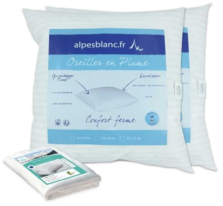 Alpes Blanc Pack 4 pièces : 2 Oreillers Naturels en Plume + 2 sous taies Coton - Fabrication Française – Anallergique – Confort Moelleux