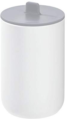 iDesign 28612 Storage Box with Lid, Small Bathroom Storage Pot for Cosmetics and Make-Up, Round Plastic Cotton Bud and Cotton Pad Holder for the Bathroom, White/Grey, 8 cm diameter x 13 cm