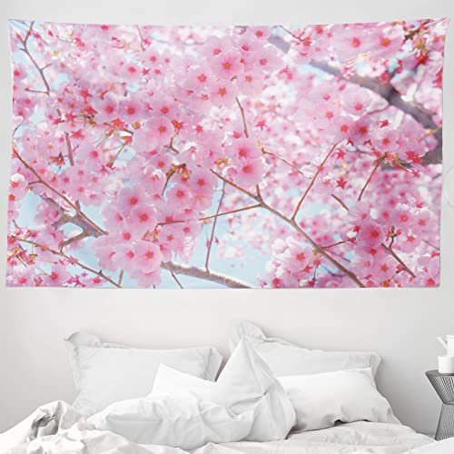 ABAKUHAUS Blumen Wandteppich und Tagesdecke, Japanische Sakura Blumen aus Weiches Mikrofaser Stoff Waschbar ohne Verblassen Digitaldruck, 230 x 140 cm, Baby Pink