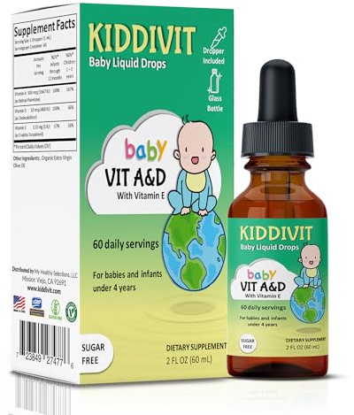 Kiddivit Baby Vitamin A&D Liquid Drops with Vitamin E – Gentle Immune & Vision Support Supplement – 60 Daily Servings, Dropper Included, Glass Bottle – Sugar Free, Gluten Free, Vegetarian, 2oz