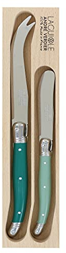 Andre Verdier Laguiole 2 Piece Cheese Knife Set in Wooden Tray - Forest Green