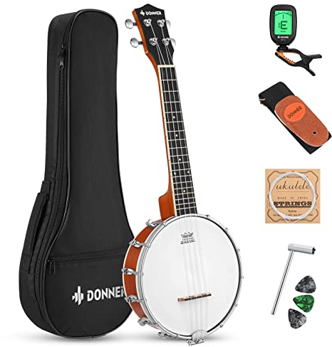 Donner Banjolele 4 String Banjo Ukulele kit Stringed Musical Instruments for Adult Beginner with Banjo Tuners, Gig Bag, Picks, Skeleton 23 Inch Sapele