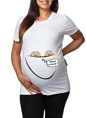 Tshirt Lunga da Donna Ideale per Il Premaman -Gemelli- Stiamo arrivando - Maglietta Premaman Gemelli Maschi - Regalo Futura Mamma - Idea Regalo per Futura Mamma